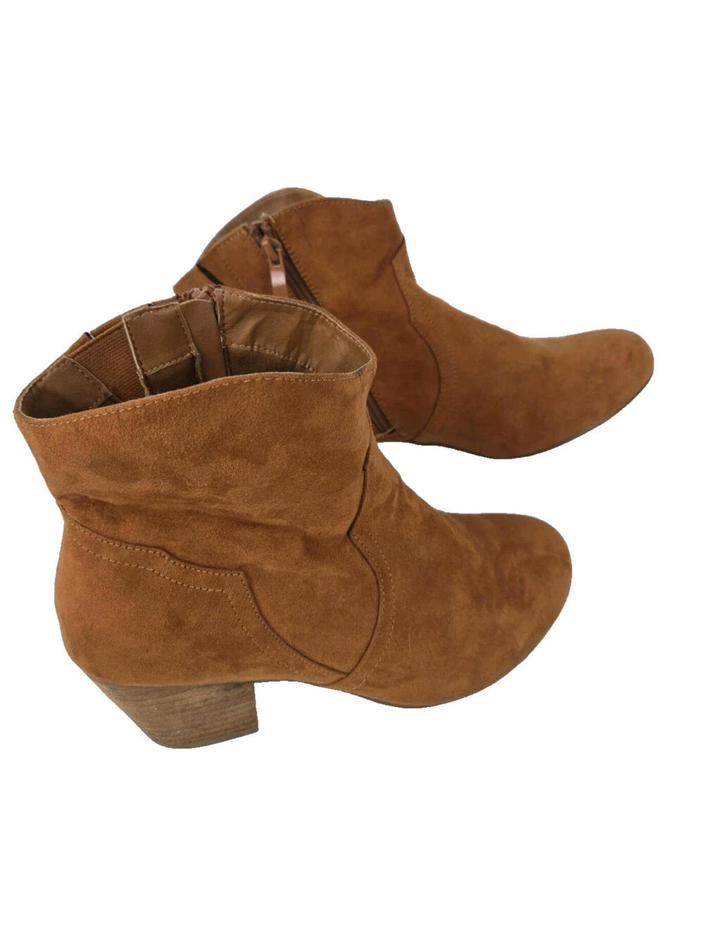 Torrid Pointe Booties Brown Faux Suede Size 9 Zipper Sides Stacked Heel